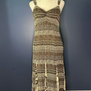Nine West midi dress, brown/cream, 2 mini prints, gored skirt, fully lined, silk